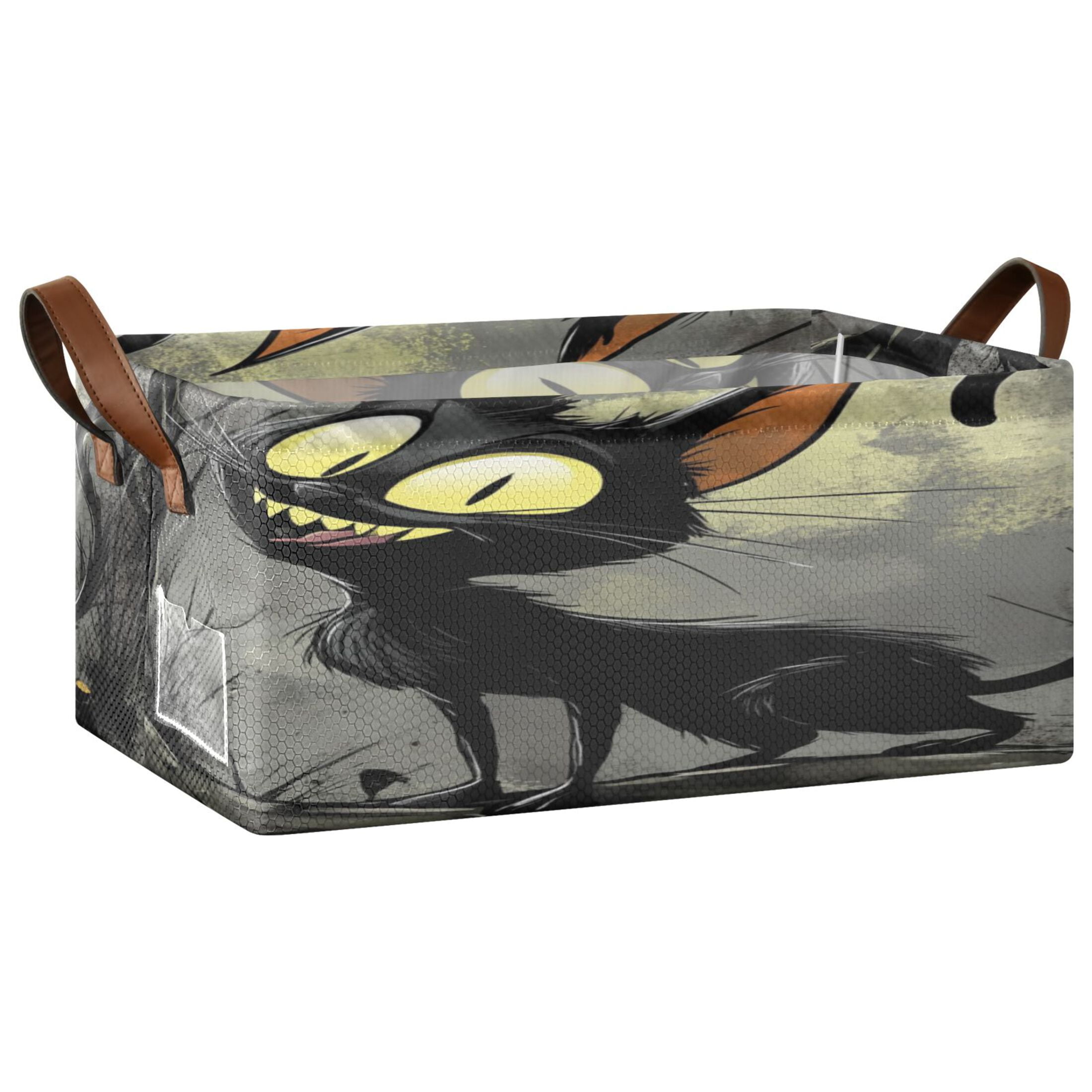 Funny Black Cat Storage Basket Soccer Plaid Fabric Hoard Box Oversized Collapsible Closet Organizer with Metal Iron Frame 16.9×11.4×7.7in
