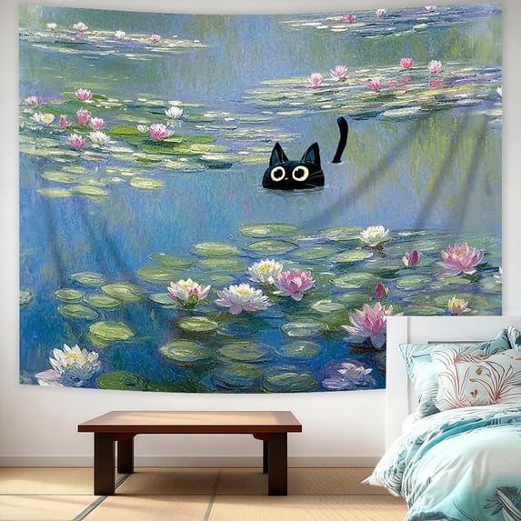 Funny Black Cat Tapestry Cartoon Cute Animal Green Lotus Leaves Flowers ...