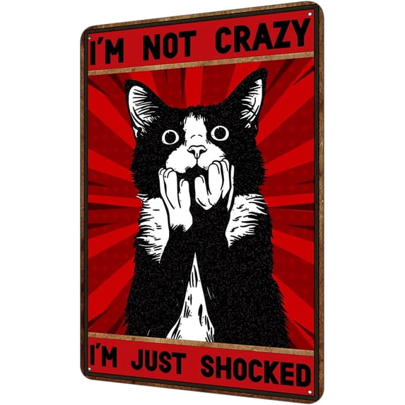 Funny Black Cat Vintage Metal Sign I'm Not Crazy I'm Just Shocked Cats Sign for Home Living Room Bedroom Cat House Wall Decor Gifts For Cat Lovers 8 x 12 Inch