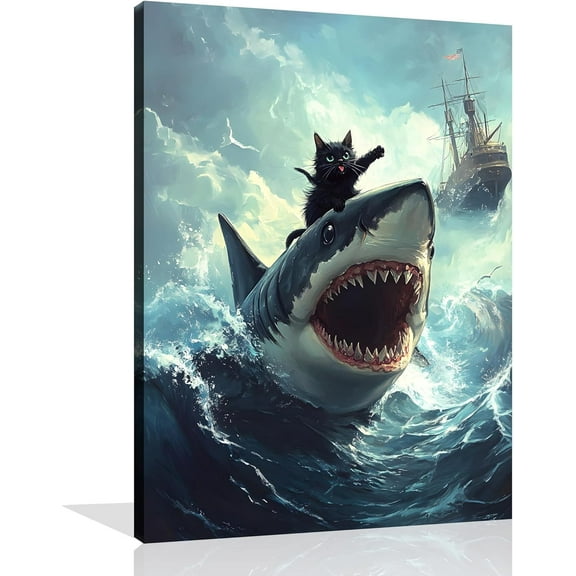 Funny Black Cat Wall Art Funny Cat Painting Funny Quirky Cat and Shark Pictures Abstract Black Cat Poster Vintage Gothic Cat Canvas Wall Art for Living Room Bedroom Wall Unframed