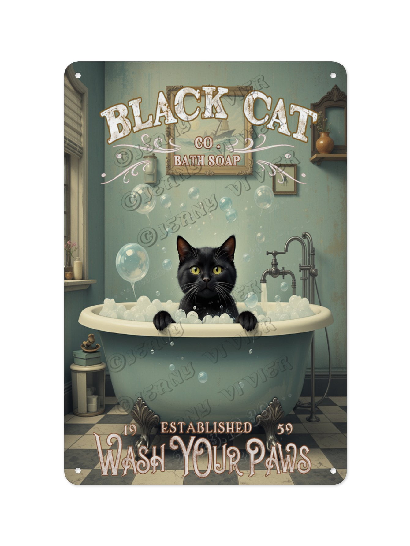 Funny Black Cat Wash Your Paws Aluminum Sign 8 x 12 Inches - Humorous ...