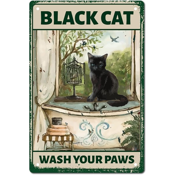 Funny Black Cat Wash Your Paws Metal Tin Sign Bathroom Quote Vintage Aluminum Sign Retro Art Mural Hanging Iron Painting Poster Plaque for Toilet Bathroom Kitchen Wall Decor 8 x 12 Inch Mixed Color