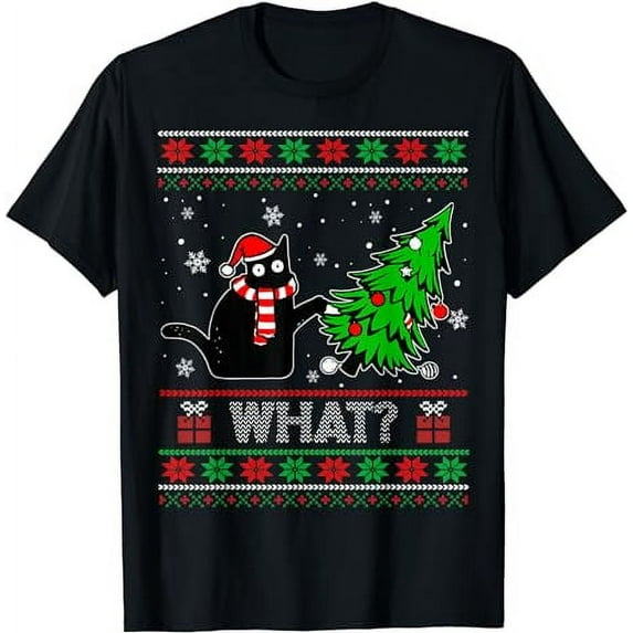 Funny Black Cat What? Pushing Christmas Tree Ugly Sweater T-Shirt