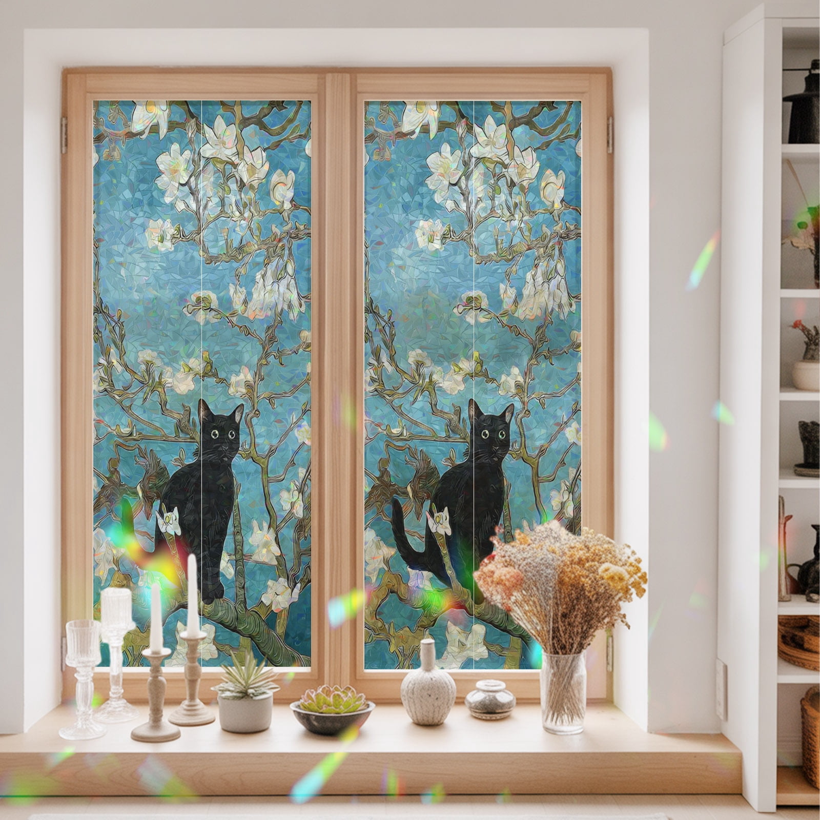 Funny Black Cat Window Privacy Film Blossom White Floral Branches