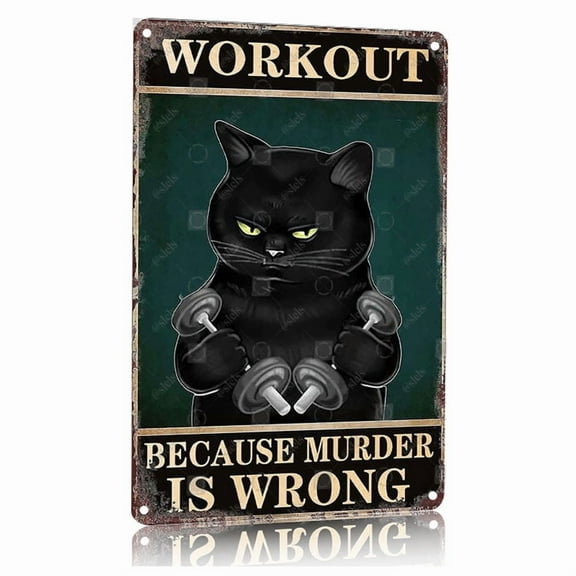 Funny Black Cat Workout Motivational Metal Poster Gym Humor Wall Art 12x16 Inch Aluminum Fitness Decor for Home Office Gym Studio Workout Room