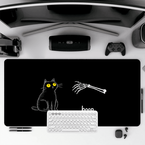 Funny Black Cat and Skeleton Hand Mouse Pad 35.4 x 15.8 inches Rubber Desk Mat with Boop Design for Office, Gaming, Home Use