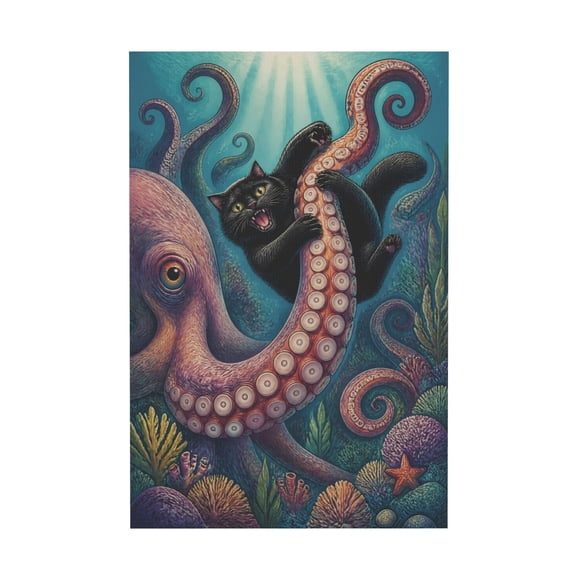 Funny Black Cat vs Octopus Underwater Renaissance Canvas Wall Art For Living Room 20x30 in