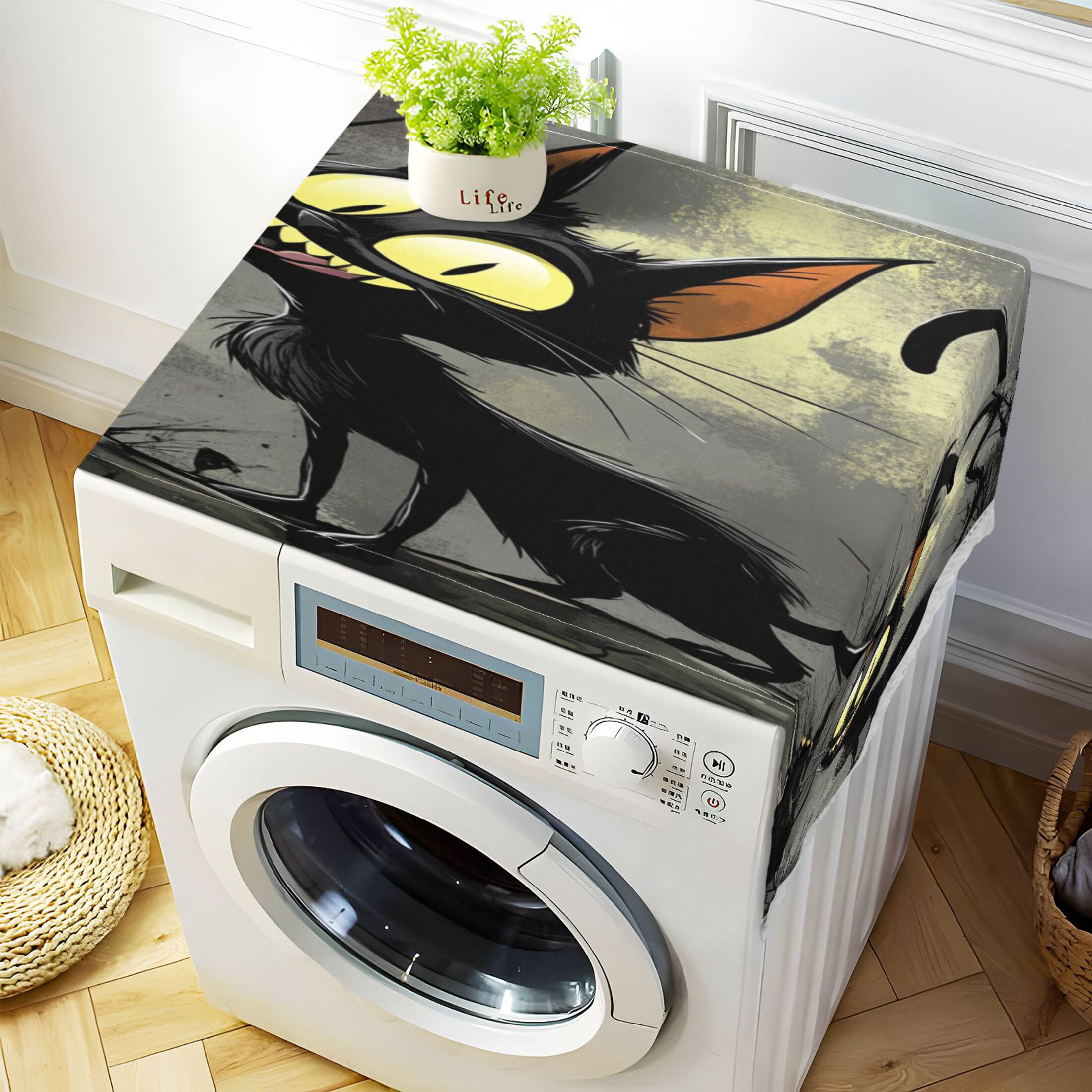 Funny Black CatWasher and Dryer Covers Dust-Proof and Oil Resistant Fridge Cover with 4 Storage Pockets Washing Machine Top Cover for Laundry Kitchen Home 51.2 x 22 In