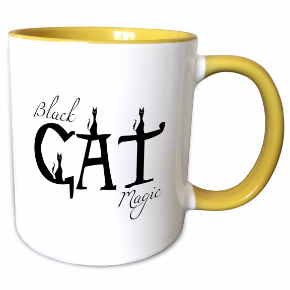 3drose, Funny Black Cats Sit on Letters. Black Cat Magic Decorative Text, 11oz Two-tone Yellow Mug