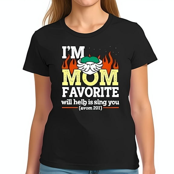 Funny Black Cotton Short Sleeve T-Shirt - " I'M MOM FAVORITE " with Cartoon & Flames Design Vintage Style Perfect for Humorous Moms