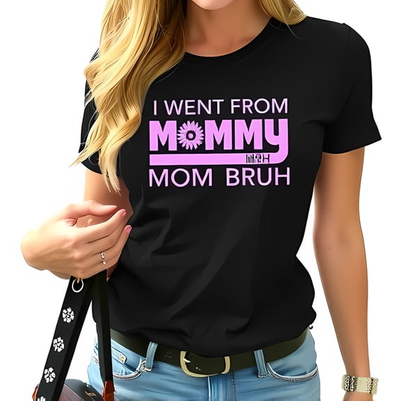 Funny Black Cotton T-Shirt for Moms - " Mommy " vs " Mom Bruh " Graphic with Flower Design - Casual Short Sleeve Tee