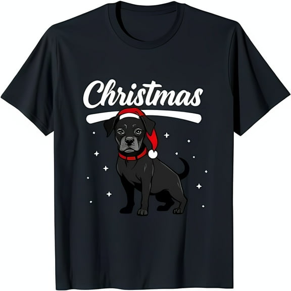 Funny Black Dog Christmas T-Shirt Blue with Cursive 'Christmas' & Santa Hat Design