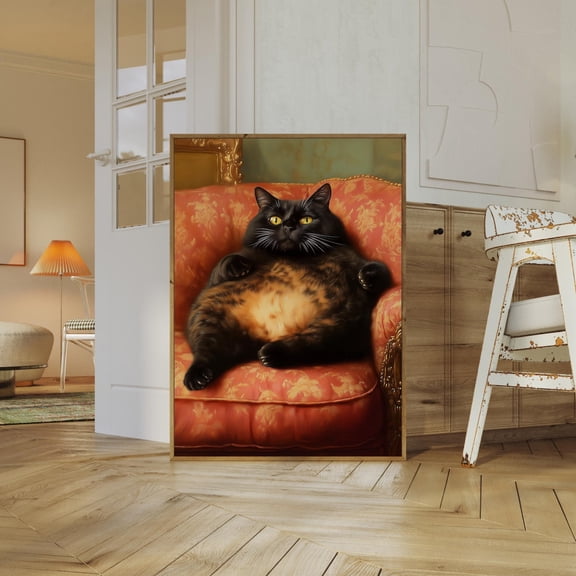 Funny Black Fat Cat : Vintage Portrait Print #2710, Unframed Canvas Size 16x24