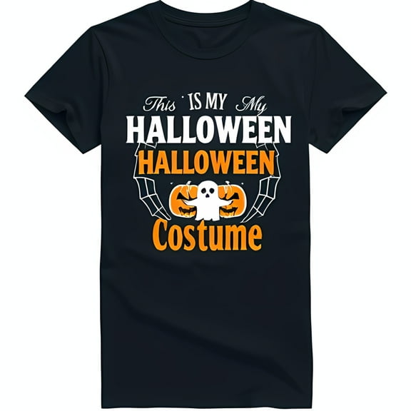 Funny Black Halloween T-Shirt 'This is my Halloween ' with Cute Ghost & Pumpkins Design