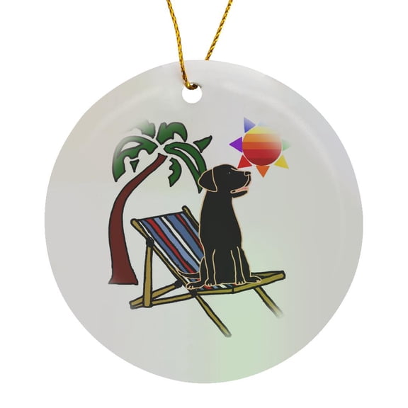 3drose, Funny Black Labrador Retriever Dog on Beach Chair and Palm Tree, Circle Porcelain Ornament