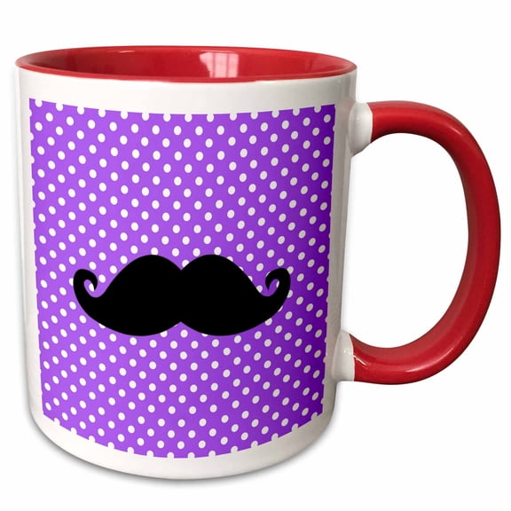 3drose, Funny Black Mustache on Purple Polka Dots, 11oz Two-tone Red Mug