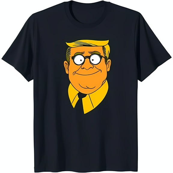 Funny Black T-Shirt Featuring Cartoon Man with Blond Hair & Glasses Lookalike Design