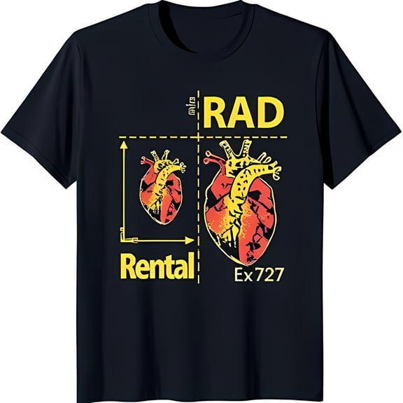 Funny Black T-Shirt with Anatomical Heart Graphic & 'RAD Rental' Text