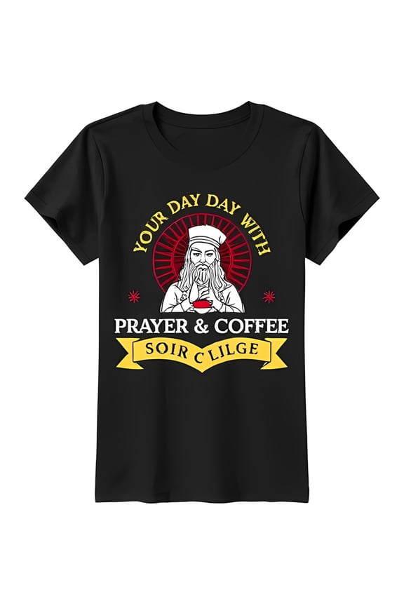 Funny Black T-Shirt with Bearded Man in Robe Coffee & Prayer Design