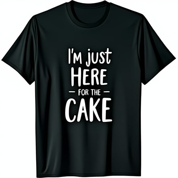 Funny Black T-Shirt with Bold I m Just Here for the Cake Graphic