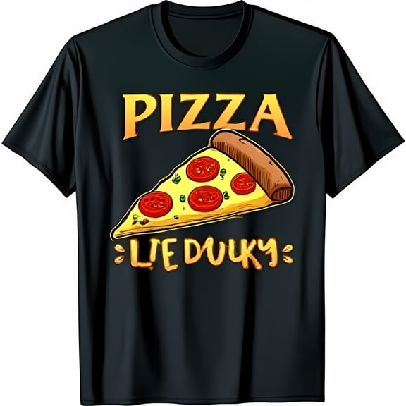 Funny Black T-Shirt with Bright Pizza Graphic 'PIZZA LIE DUCKY' Design