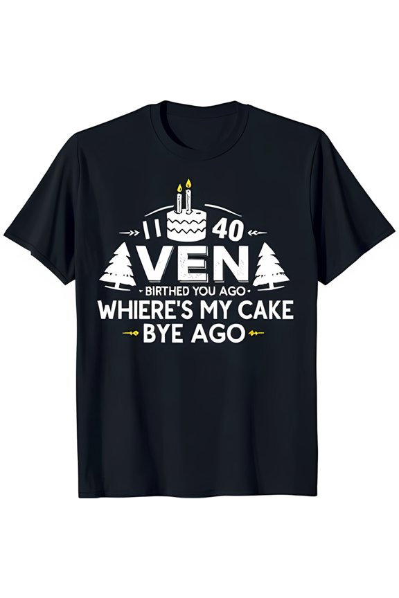 Funny Black T-Shirt with Cake Graphic & '40 Even' Text Birthday