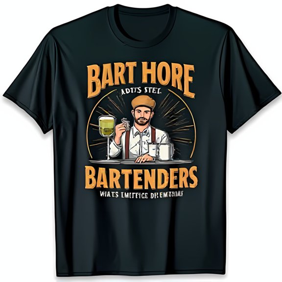 Funny Black T-Shirt with Cartoon Bartender Graphic Bart Hore Design