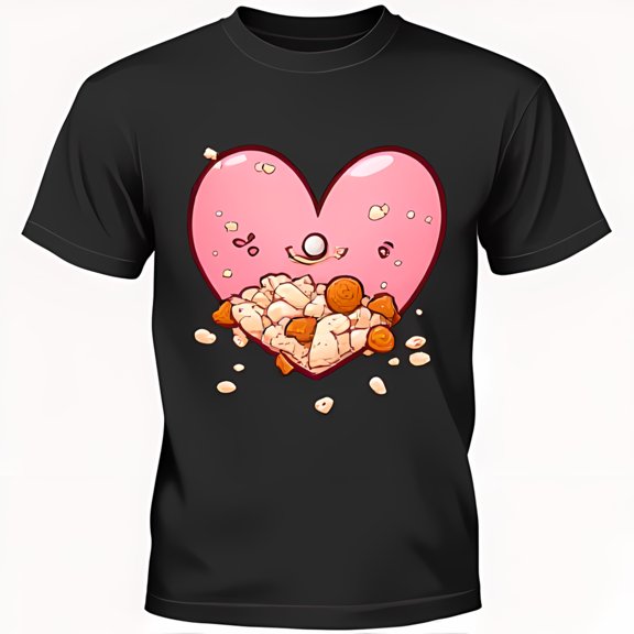 Funny Black T-Shirt with Cartoon Broken Heart & Cereal Graphic Short Sleeve Crewneck