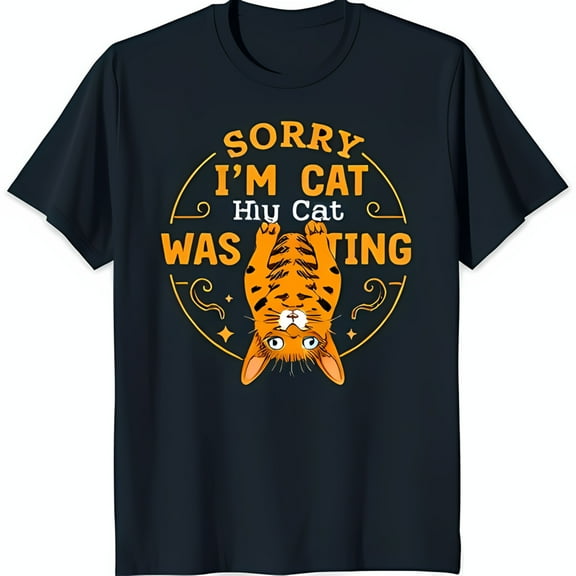 Funny Black T-Shirt with Cartoon Cat Graphic 'Sorry I'm Cat Was Ting' Design