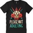 thumbnail image 1 of Funny Black T-Shirt with Cartoon Character & PLEASE WAIT ADULTING Design, 1 of 5