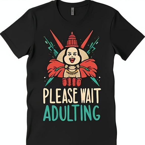 Funny Black T-Shirt with Cartoon Character & PLEASE WAIT ADULTING Design