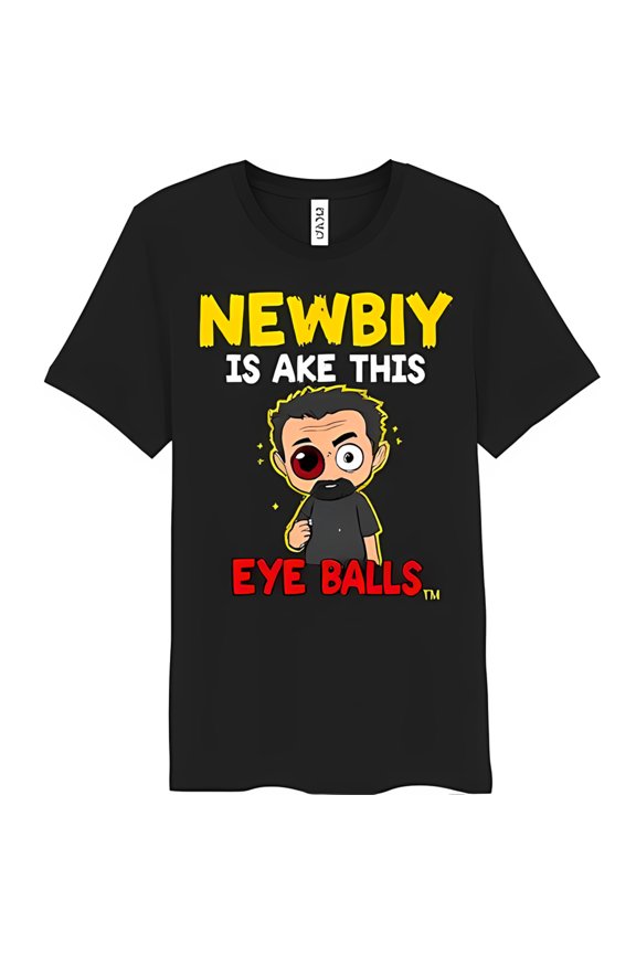 Funny Black T-Shirt with Cartoon Character Red Eye & Goatee 'Newby is ake this' Graphic