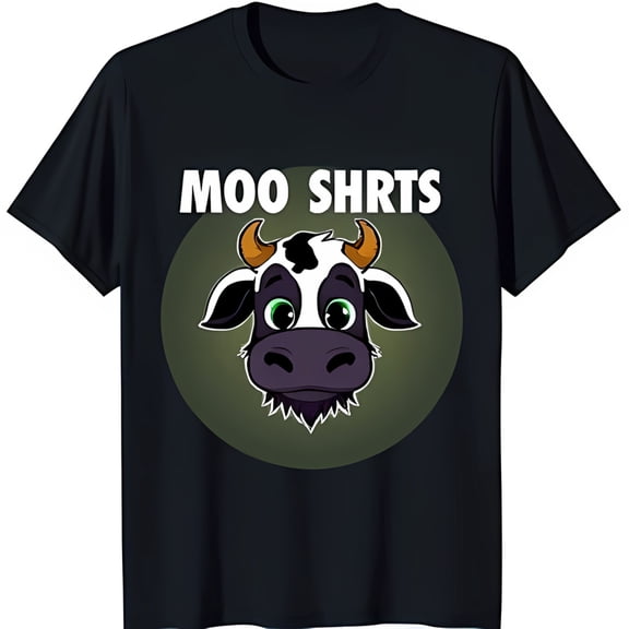 Funny Black T-Shirt with Cartoon Cow Graphic & 'MOO SHIRTS' Text