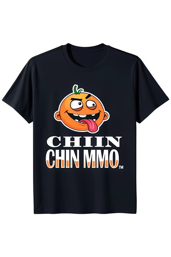 Funny Black T-Shirt with Cartoon Face & 'CHIIIN CHIN MMO' Text