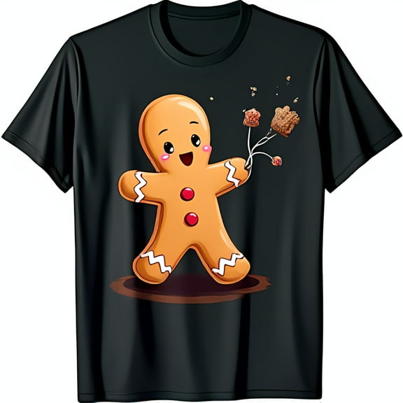 Funny Black T-Shirt with Cartoon Gingerbread Man & Cookie Graphic Holiday