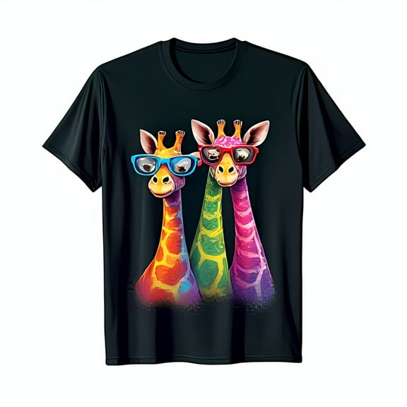 Funny Black T-Shirt with Cartoon Giraffes in Sunglasses Colorful Design