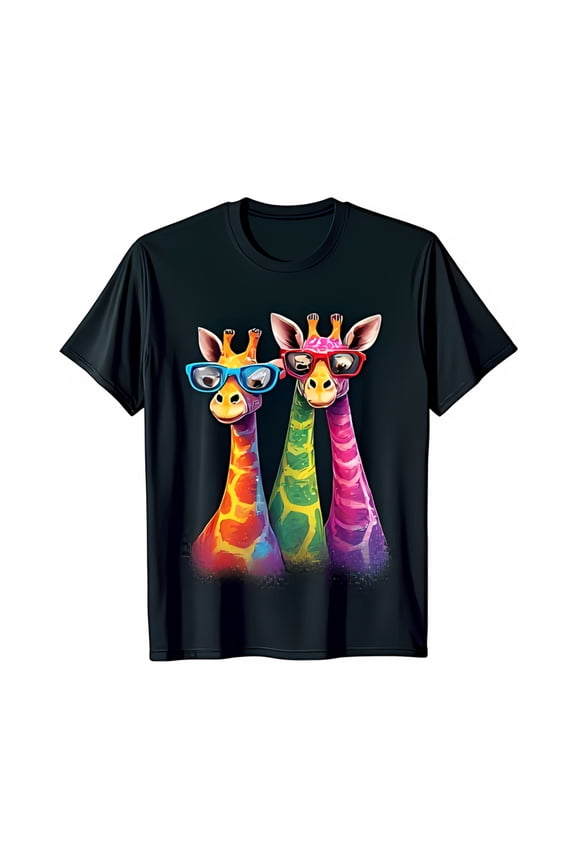 Funny Black T-Shirt with Cartoon Giraffes in Sunglasses Colorful Design