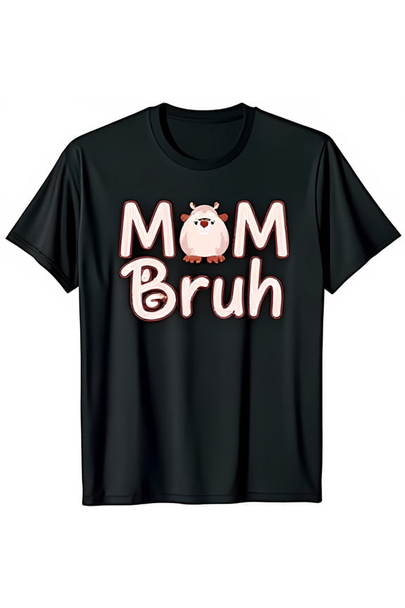 Funny Black T-Shirt with Cartoon Hamster Graphic 'MOM' & 'Bruh' Design for Casual Style