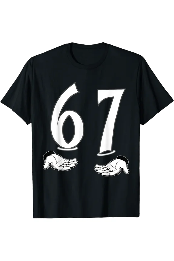 Funny Black T-Shirt with Cartoon Hands and '67' Design for Meme Lovers