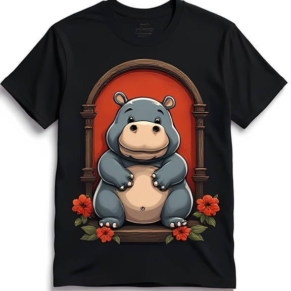 Funny Black T-Shirt with Cartoon Light Blue Hippo in Doorway & Red Flowers