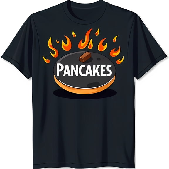 Funny Black T-Shirt with Cartoon Pancake on Fire Graphic for Pancake Lovers