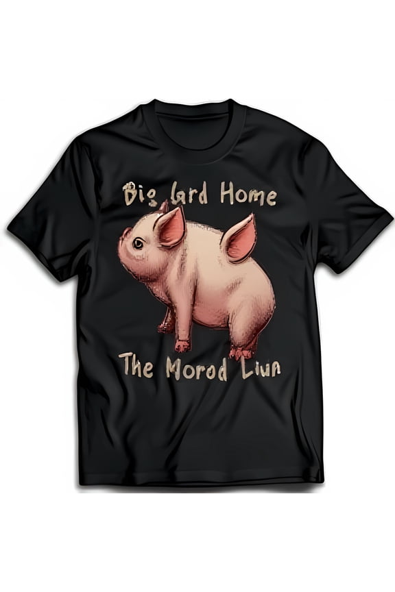 Funny Black T-Shirt with Cartoon Pig Graphic 'Big Lard Home' Design