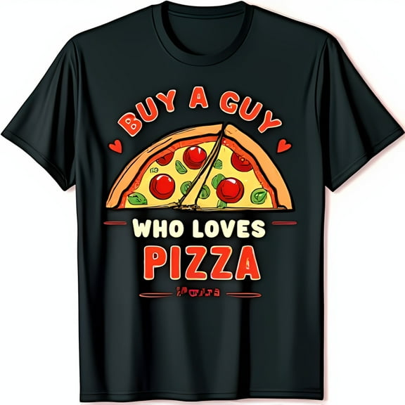 Funny Black T-Shirt with Cartoon Pizza Graphic & Buy a Guy Who Loves Pizza Text