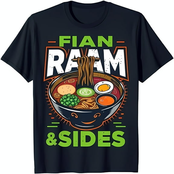 Funny Black T-Shirt with Cartoon Ramen Graphic 'FIAN & SIDES' Design