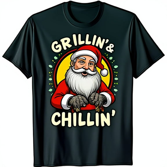 Funny Black T-Shirt with Cartoon Santa Claus & Grillin Chillin Graphic