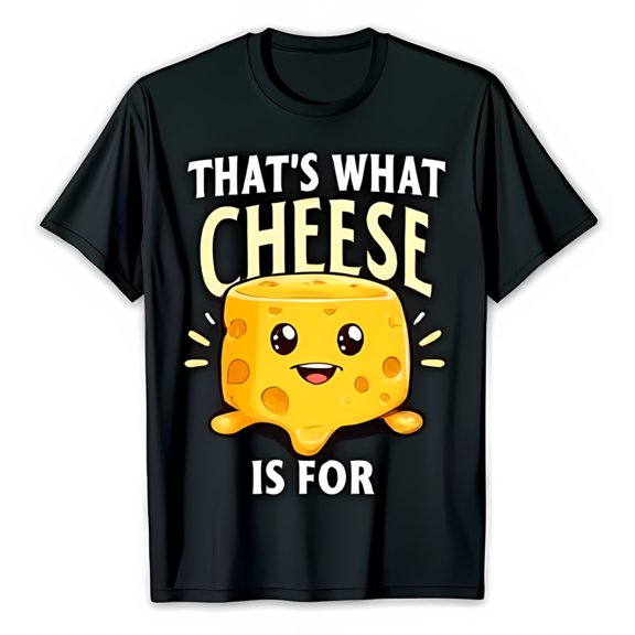 Funny Black T-Shirt with Cartoon Smiling Cheese Block & Slogan 'That's What Cheese Is For'