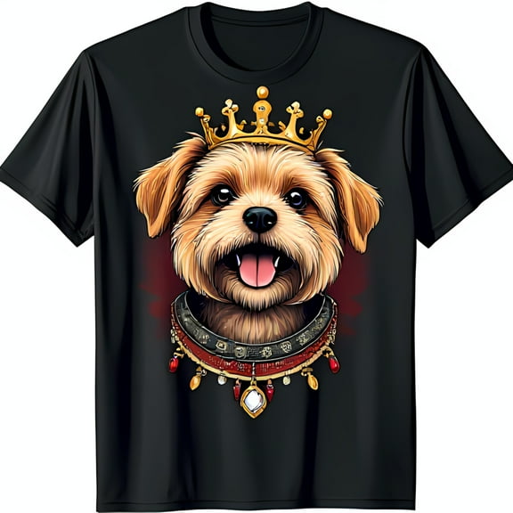 Funny Black T-Shirt with Cartoon Terrier in Crown & Jeweled Collar for Dog Lovers
