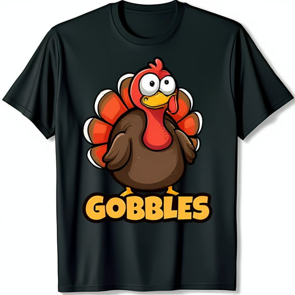 Funny Black T-Shirt with Cartoon Turkey Graphic & 'GOBBLES' Text for Thanksgiving