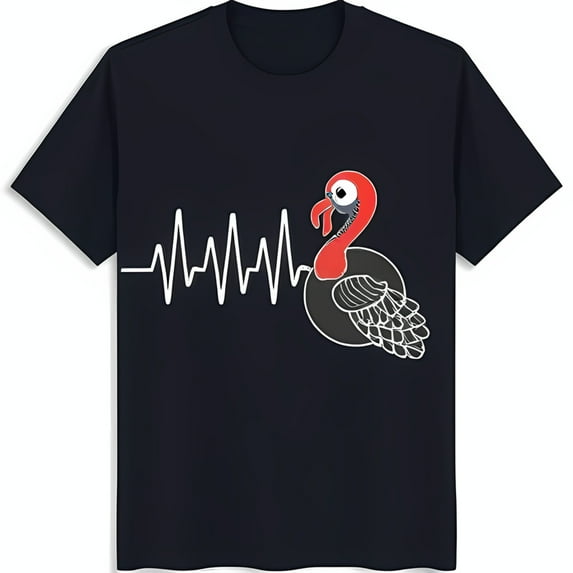 Funny Black T-Shirt with Cartoon Turkey Heartbeat Graphic for Thanksgiving