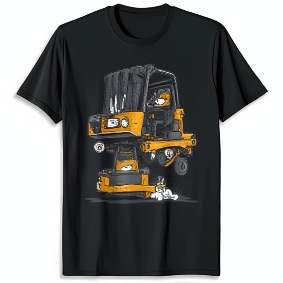 Funny Black T-Shirt with Cartoon Yellow Forklift Graphic Unique Design